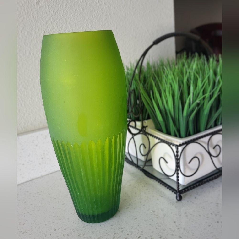 Mid-Century Frosted Chartreuse Glass Vase – Sklo Union Style, Heavy